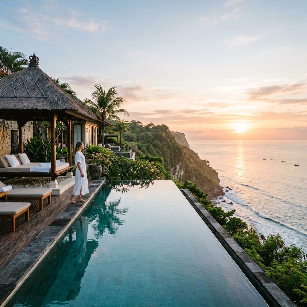 Luxury cliffside private villa infinity pool in Bali at sunrise overlooking the ocean