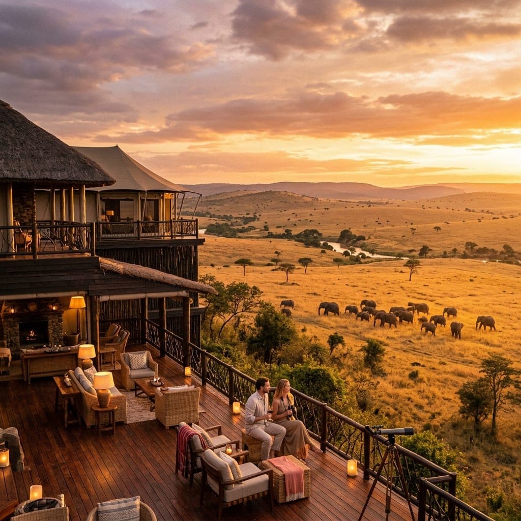 Luxury safari lodge overlooking elephants on the Kenyan savannah at sunset