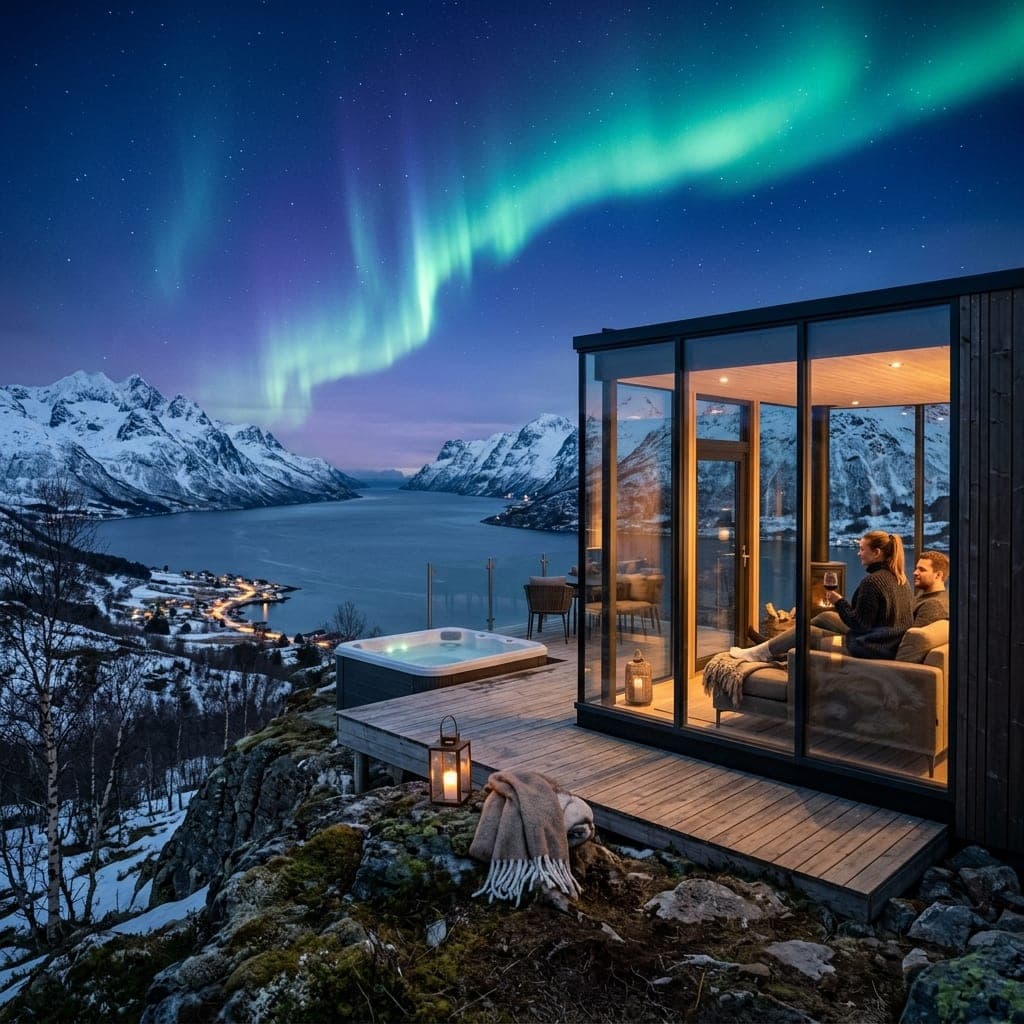 Scandinavian luxury glass lodge overlooking Norwegian fjords with northern lights